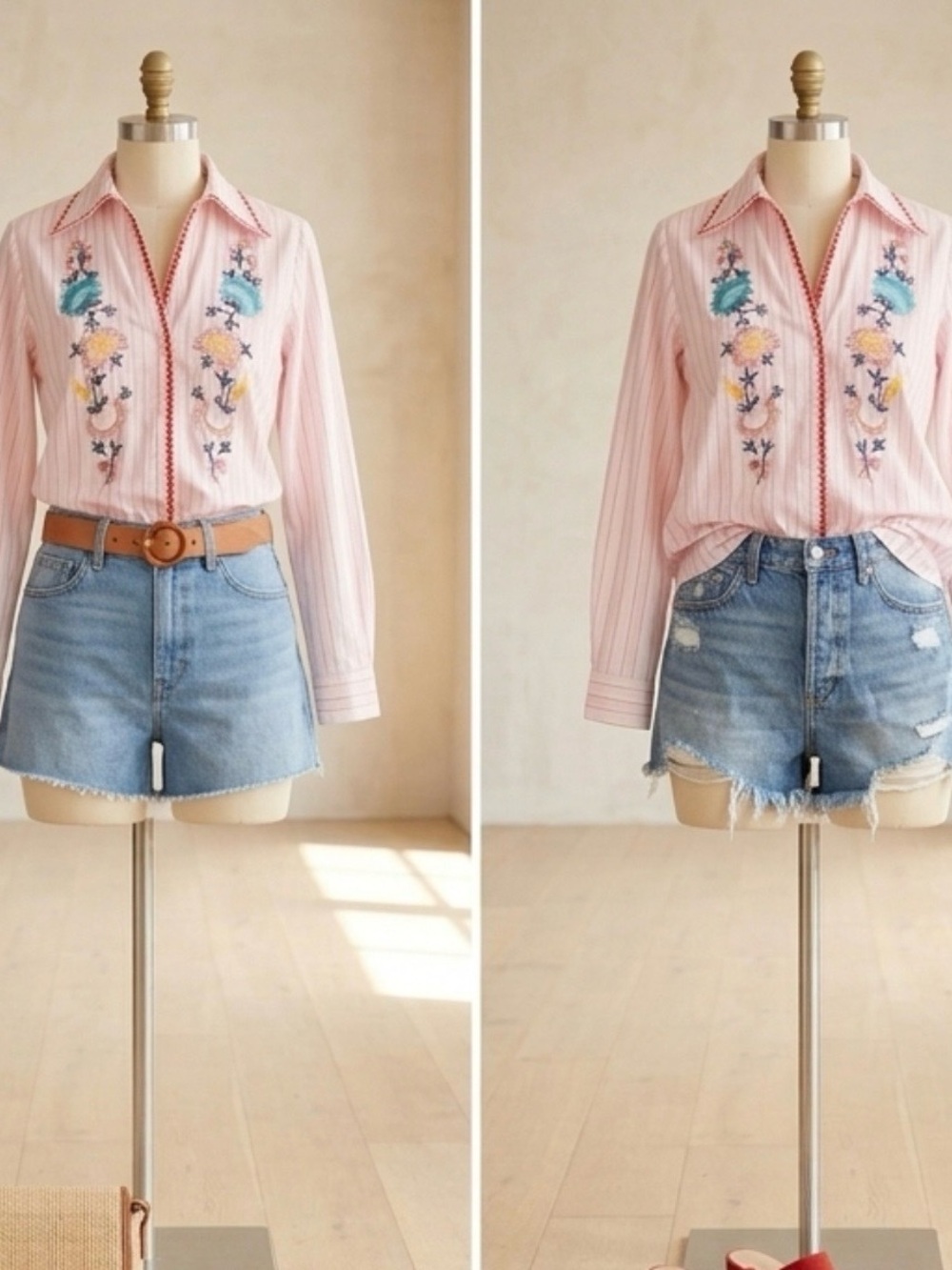 Cotton Pink Embroidered Striped Button-Up Shirt